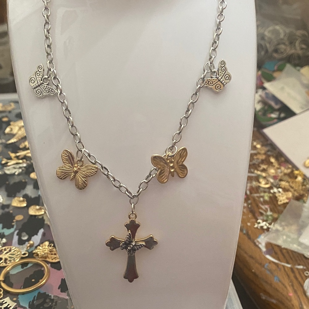 Elegant Gold and Silver Cross and Butterfly Necklace 30 in chain